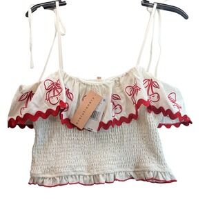 Evolutionary Cherry Smocked Crop Top Women XL White Red Embroidered Coquette NEW